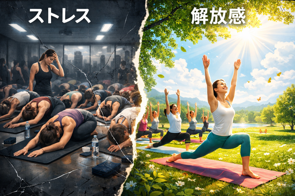 満員のスタジオ内のイメージと、広々とした公園でのヨガを対比させたイラスト。「ストレスvs解放感」を視覚化